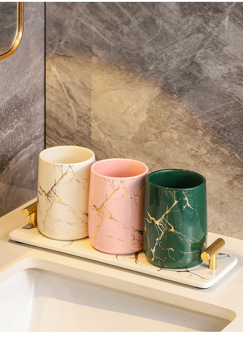 Simple and creative couple washbasin cups, home bathroom ceramic toothbrush cups, marble-patterned handless mouthwash cups pic 13