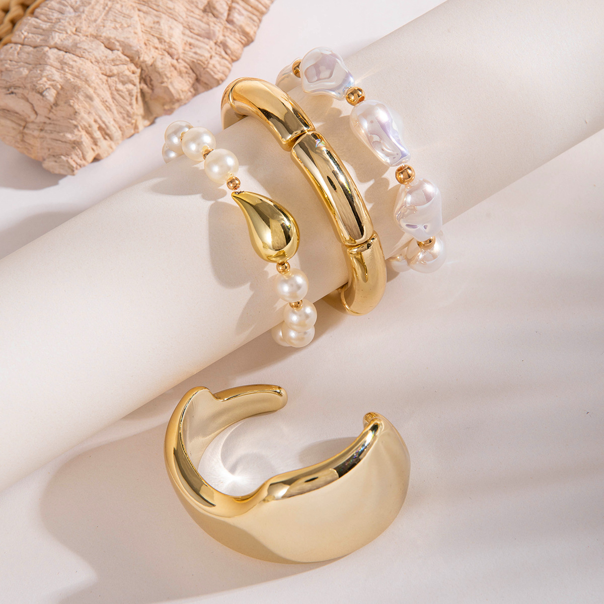 欧美跨境新款多层线条缠绕几何开口手镯套装朋克风波浪形串珠手链详情64