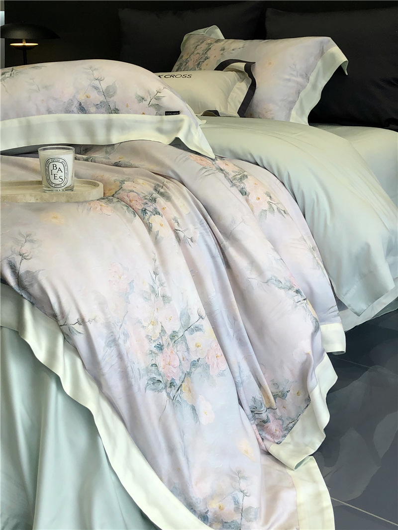 Cool ultra-fine denier Tencel summer light and cool condensation filament four-piece set, elegant printed sweat-absorbing nude bedding pic 19