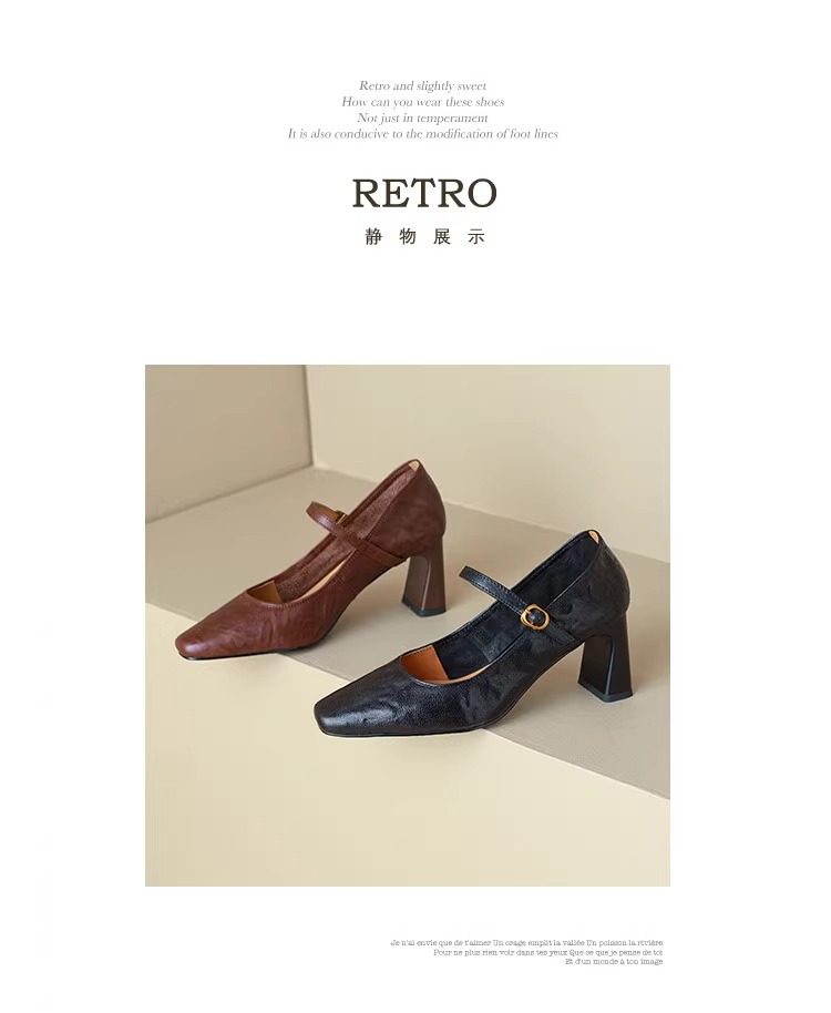 软羊皮黑色高跟鞋2025春秋新款法式复古粗跟一字带玛丽珍鞋女单鞋详情23