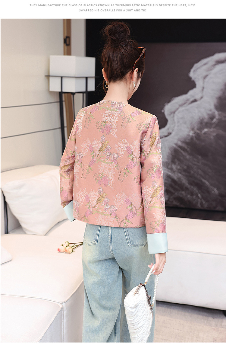 国潮新中式国风粉色提花盘扣短外套2025春季新款女装超好看唐装上衣详情20