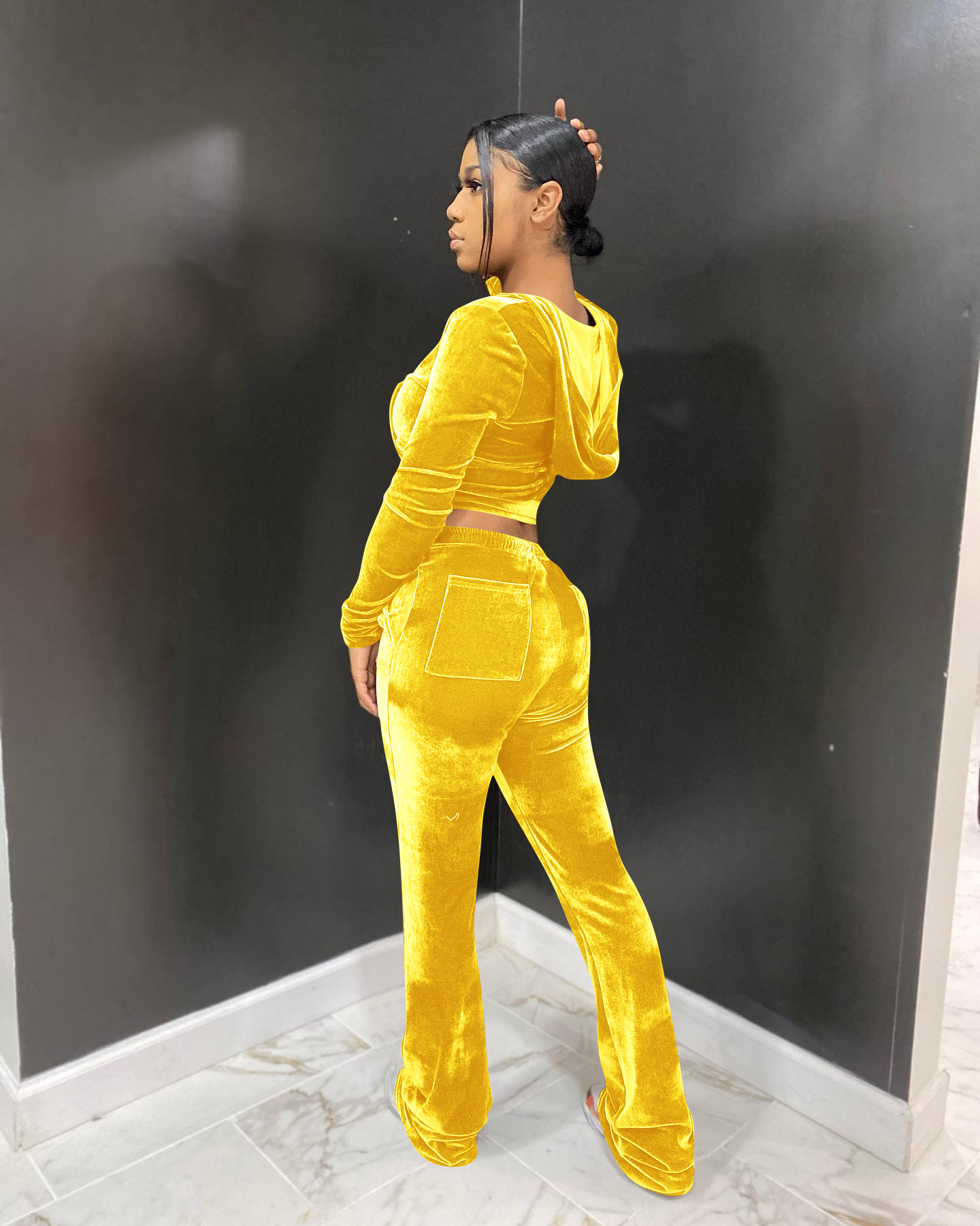 Solid color gold velvet wide-leg pants two-piece set pic 71