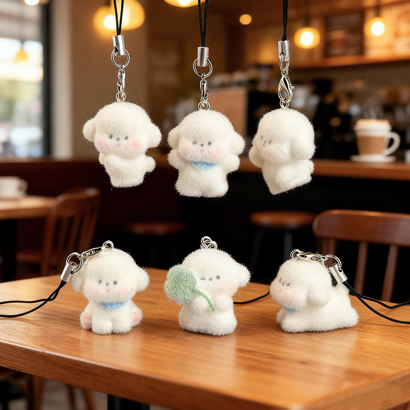 Cute three-dimensional flocking resin dog pendant, mini doll, mobile phone pendant, DIY keychain accessory pic 1