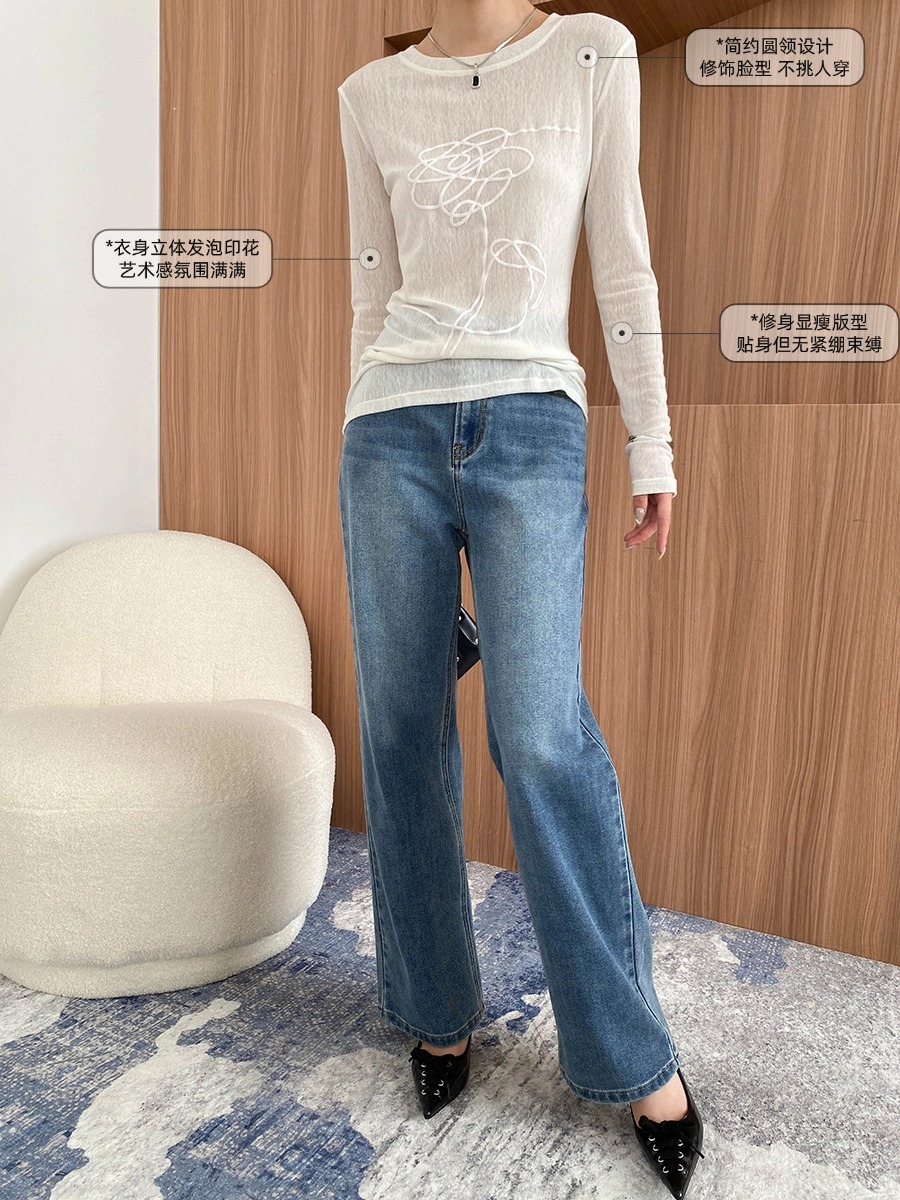 司南 早春新款 艺术感立体发泡感圆领微透防晒罩衫T恤 SN6876详情26