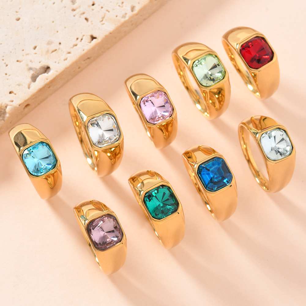 欧美跨境不锈钢铸造饰品男女通用 镶方形彩钻戒指镀18k金锆石戒指详情4