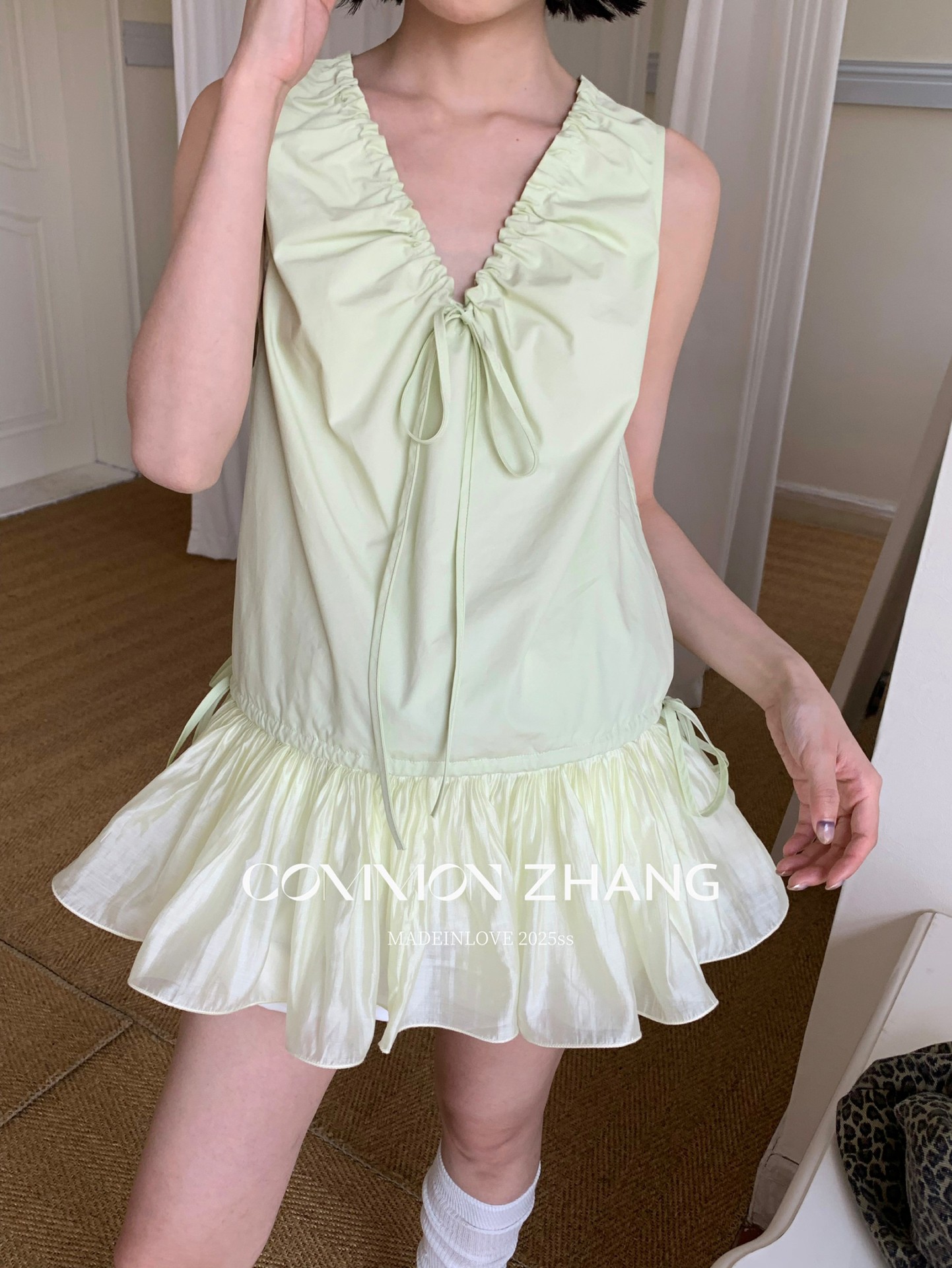 CZ ZHANG Summer French mint Manbo V-neck lace-up Youthful A-line puffed vest dress for women, B23782 pic 12