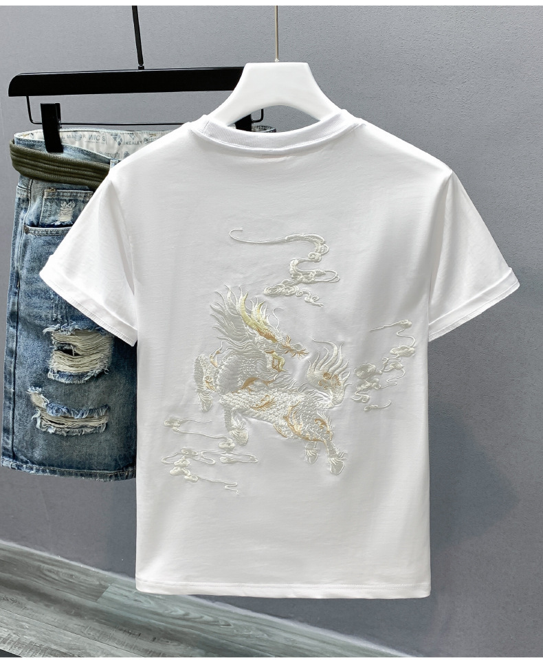 国潮牌中国民族风麒麟刺绣上衣男士宽松圆领百搭白短袖T恤国潮欧货详情13