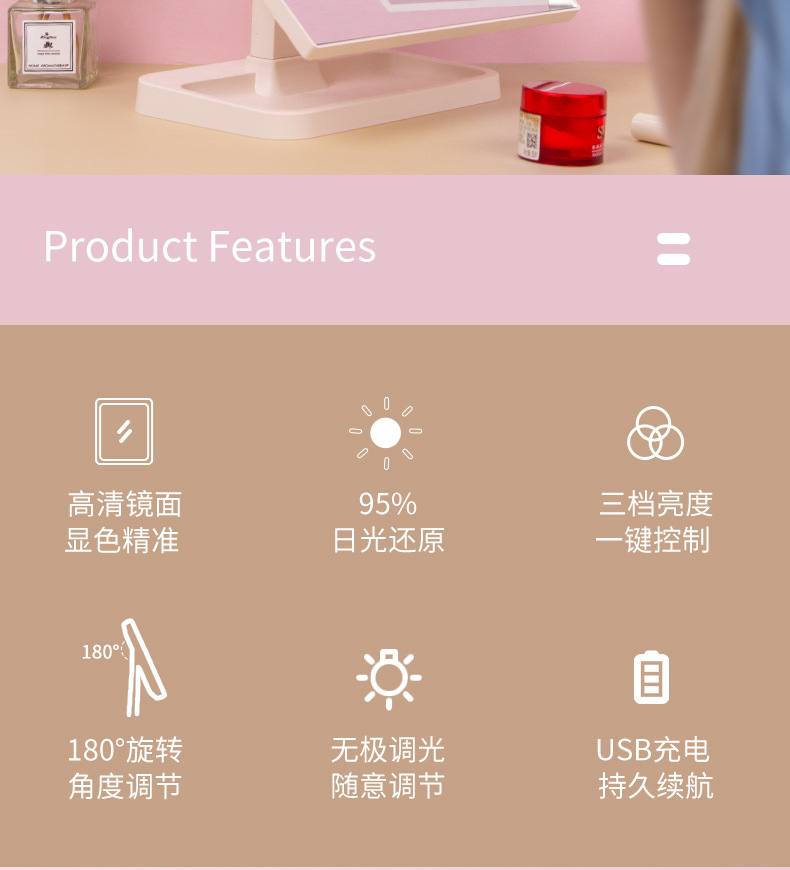 跨境led化妆镜桌面台式带灯 网红ins便携梳妆台补光贝壳镜子礼品详情4