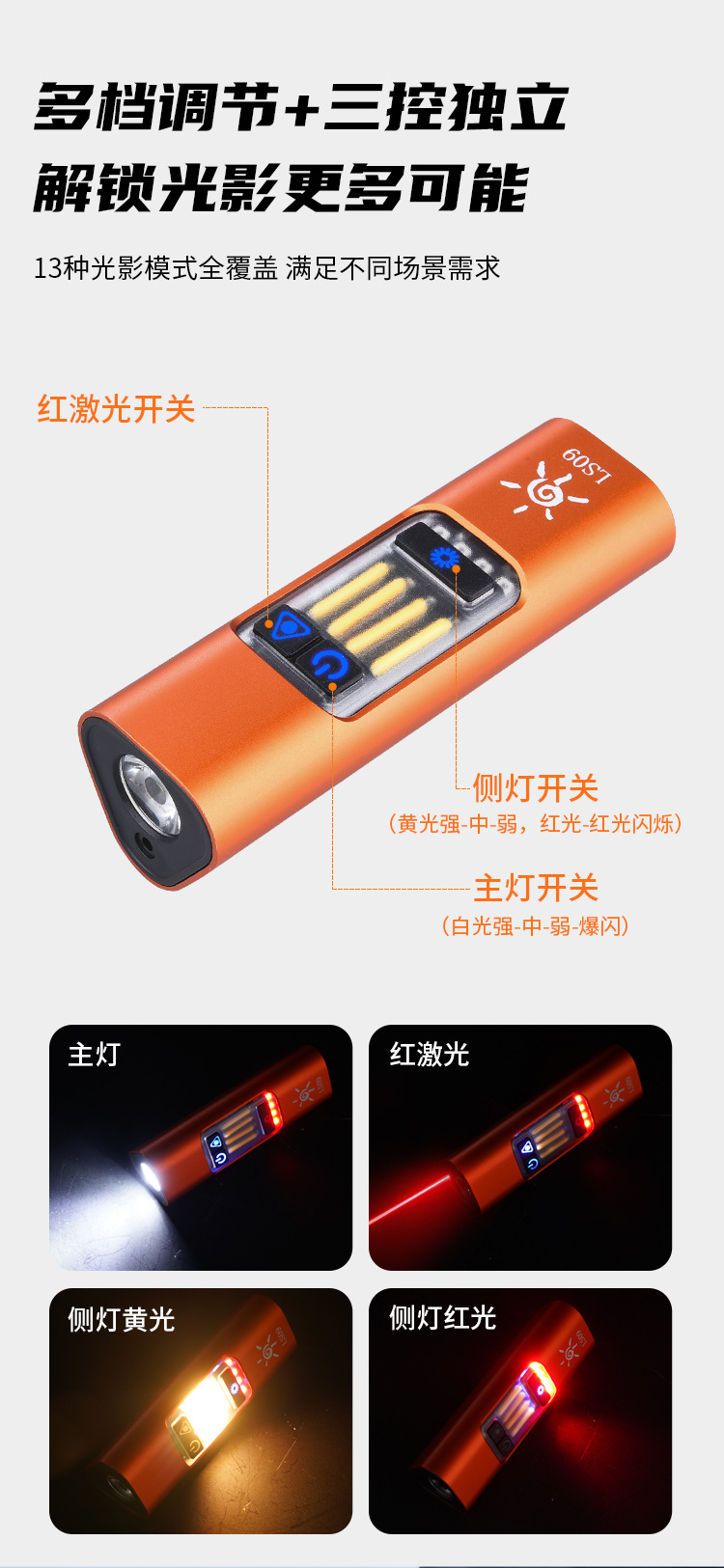New EDC type-c charging work light with strong magnet side light, red laser multi-position hook, built-in battery pic 4