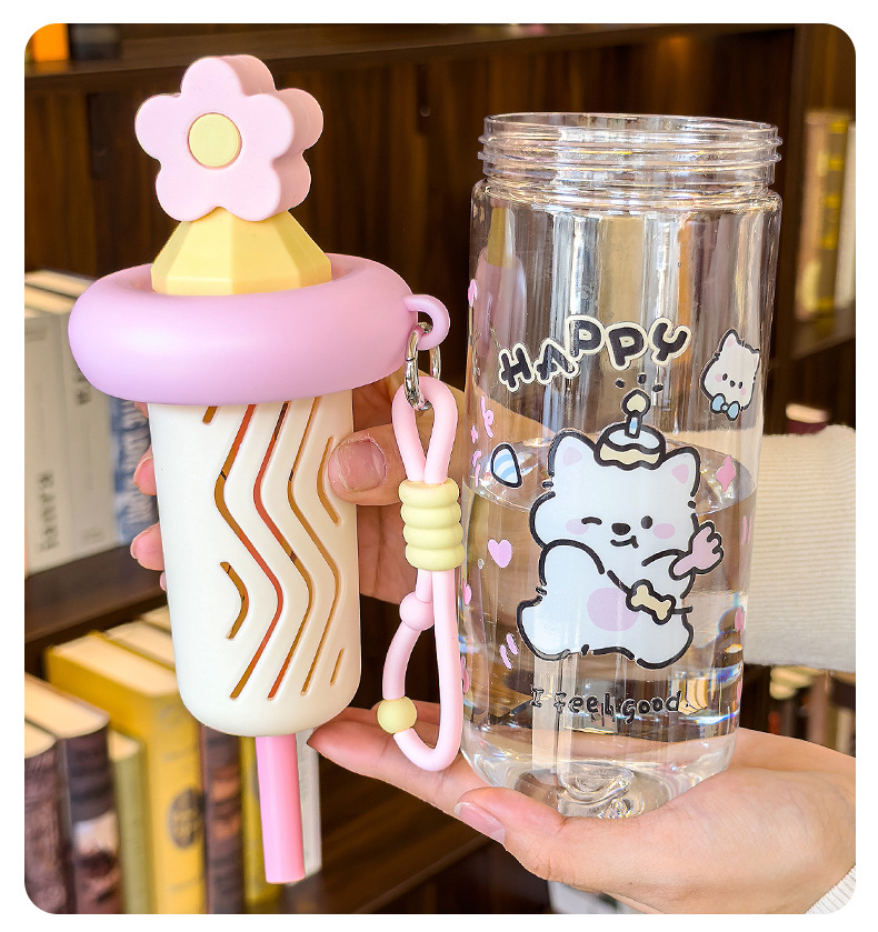 Cute cat-patterned transparent water cup with handle, glass cup with sun relief, glass thermos pic 14