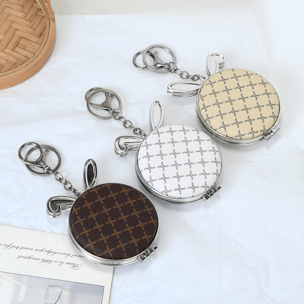 小兔子PU皮革随身镜质感小圆镜镜子两用钥匙扣双面便携折叠化妆镜详情8