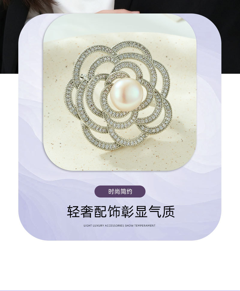 A light luxury and elegant camellia brooch with a high-end feel. It features a copper alloy freshwater pearl inlaid with zircon and a three-dimensional hollowed-out brooch pic 4