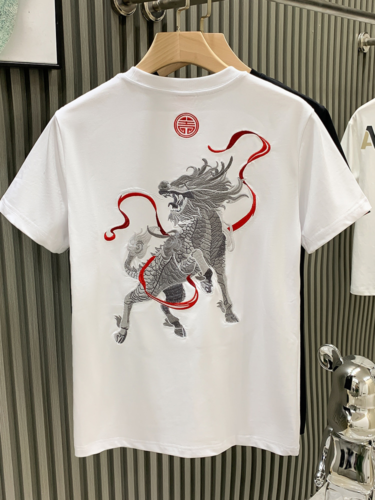 The new short-sleeved T-shirt for men in the summer of 2024 for the European station of the streetwear brand, featuring heavy industry Qilin embroidery, is a half-sleeved shirt for young people pic 10