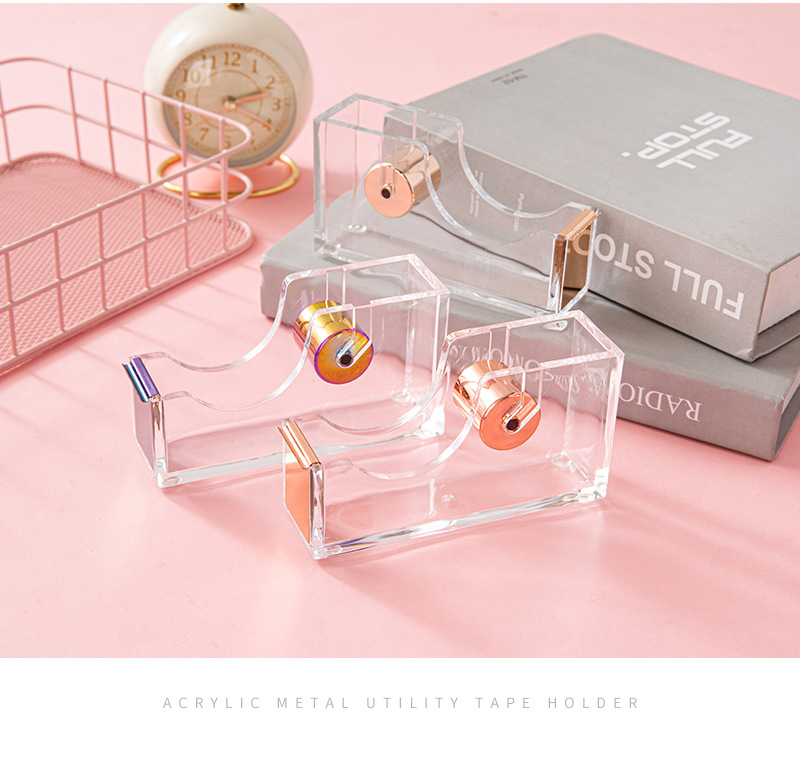 Acrylic rose gold tape base, transparent electroplated metal tape cutter i, medium-sized desktop hand-tear divider pic 17