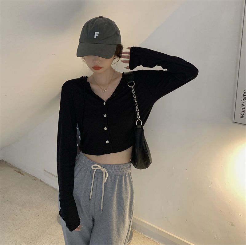 软糯连帽长袖开衫短外套女2023新款秋季懒惰风修身短款打底衫上衣详情4