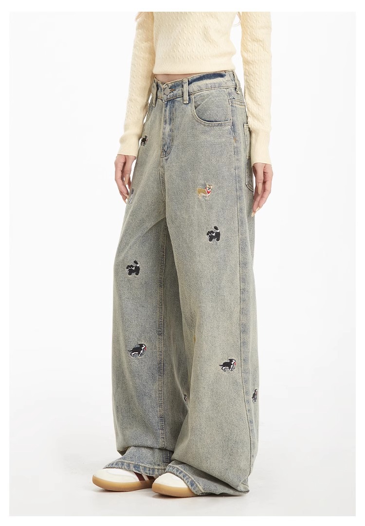 Light-colored high-waisted straight-leg jeans for women, 2025 new embroidered American retro washed wide-leg loose floor-length pants pic 11