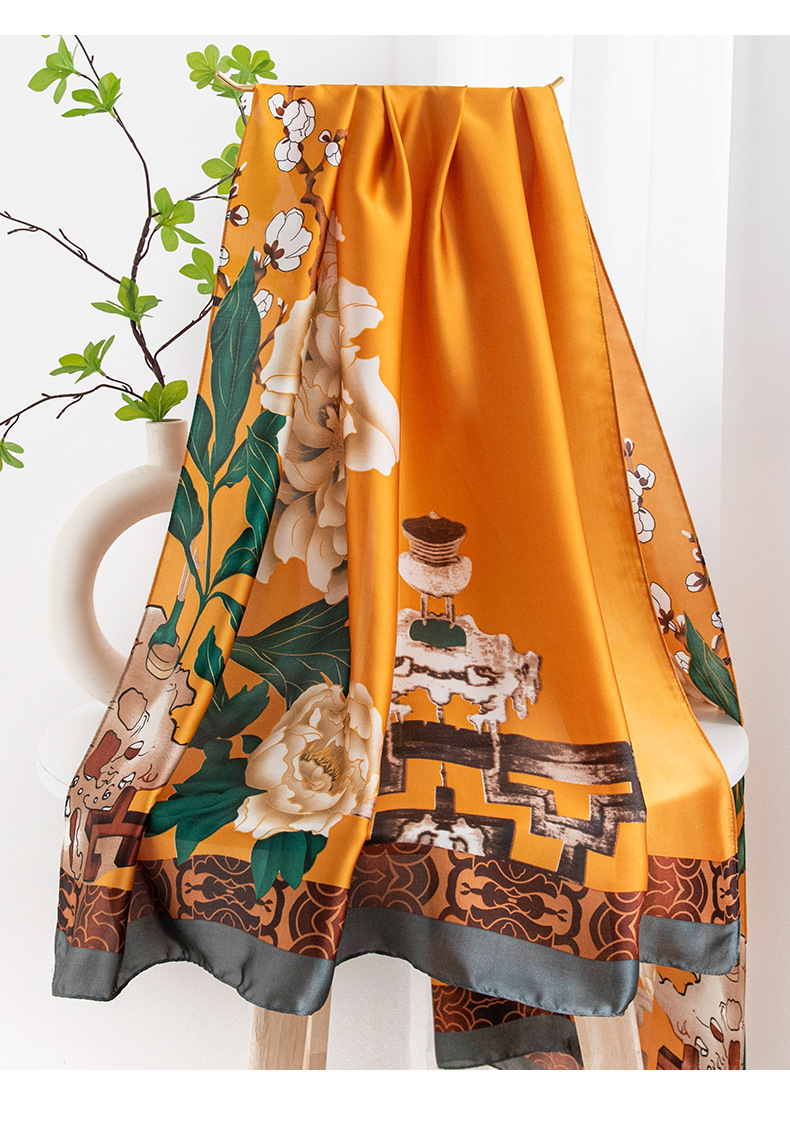 National trend silk scarf, new silk satin, high-end, fashionable, travel and vacation sun protection shawl, printed thin scarf pic 15