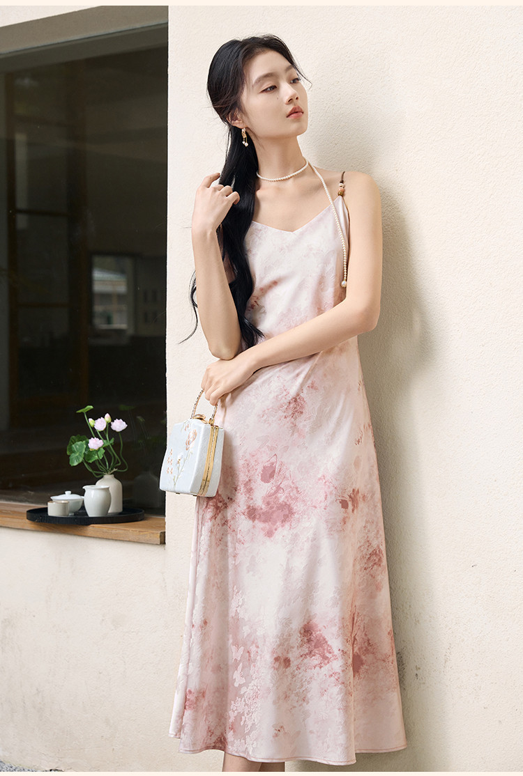 2025 Summer satin V-neck halter dress for women, new Chinese-style smudged printed dress pic 15
