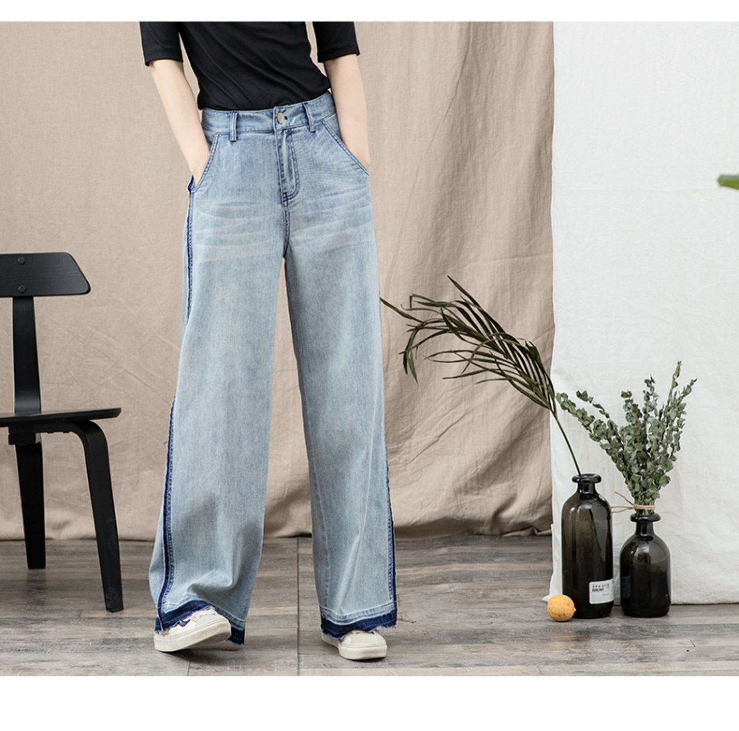 撞色直筒牛仔裤女2025春季新款毛边复古宽松休闲阔腿腿长详情44