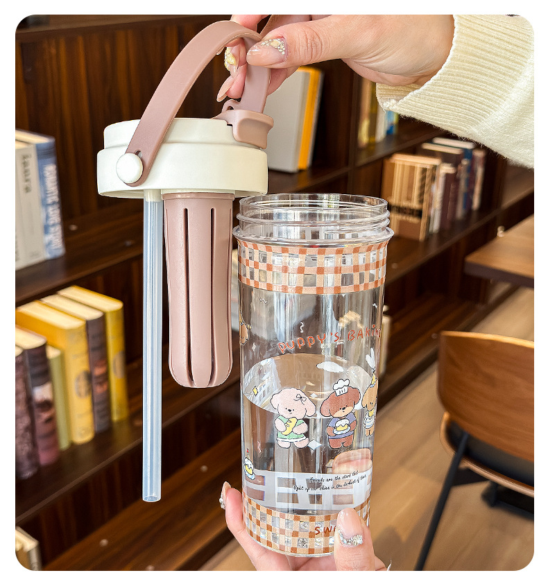 Cute double-drinking straw cup, portable high appearance level student water cup, gift cup wholesale, new cartoon tea strapping plastic cup pic 14