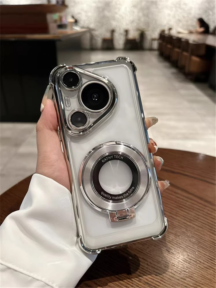 Compatible with Huawei Pura70Ultra phone case, transparent electroplated airbag, magnetic stand, p70Pro all-inclusive lens pic 12