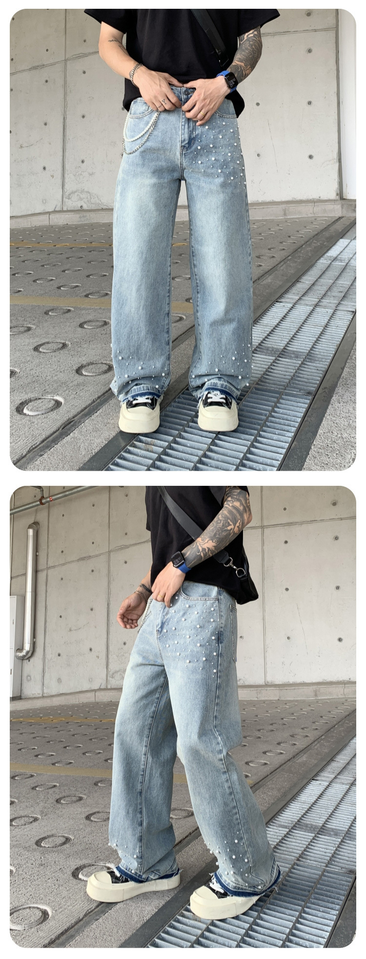Cross-border Parisian style beaded jeans for men, 2025 new trendy streetwear brand loose straight-leg wide-leg pants for men pic 7
