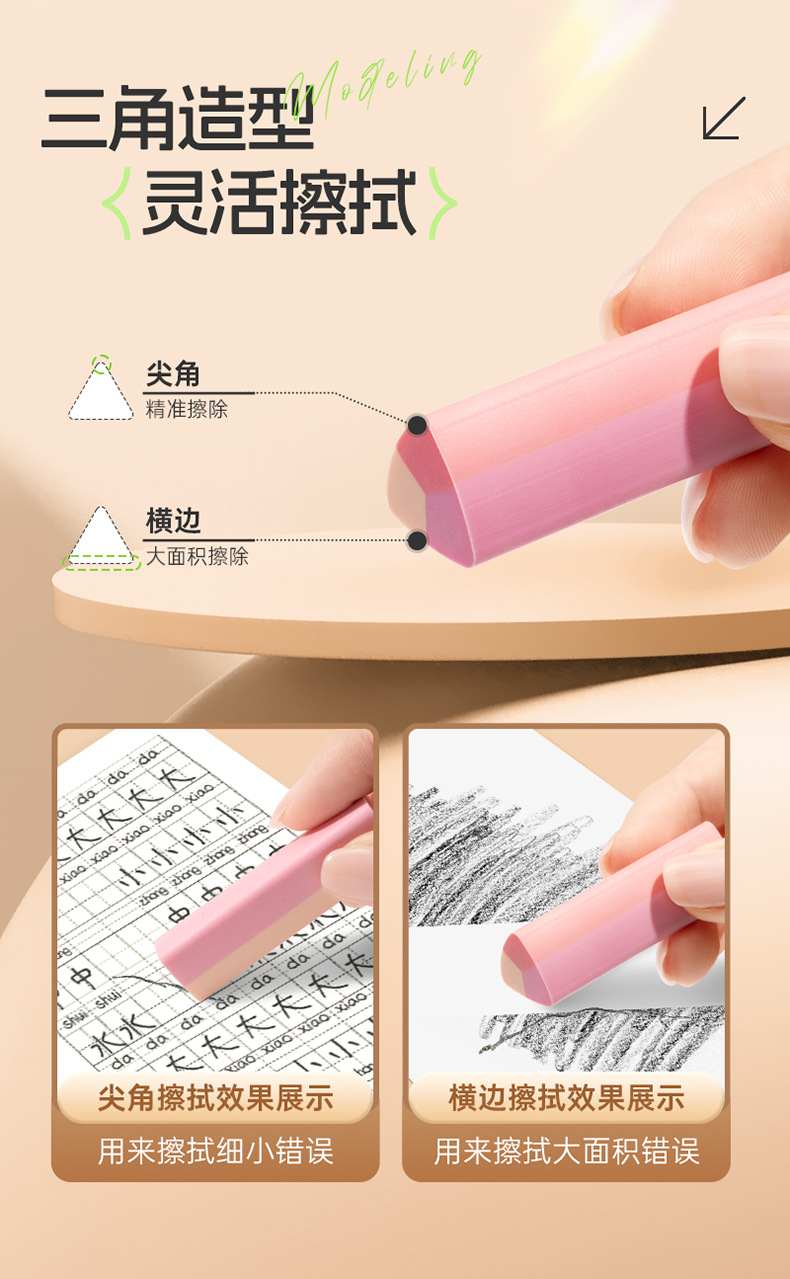 三角橡皮擦无屑超干净小学生擦拭成条擦字干净不留痕绘画少屑橡皮详情3