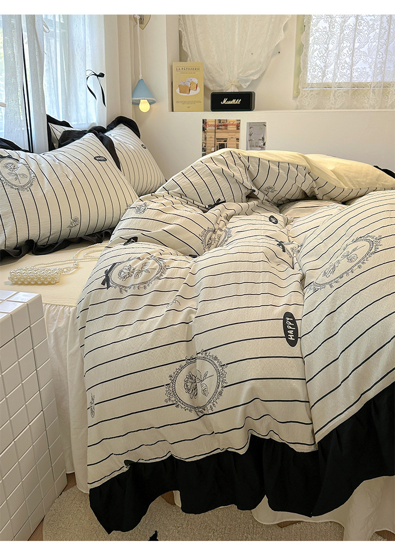 French romantic princess-style lace washed cotton four-piece set, small floral skin-friendly quilt cover, dormitory three-piece set, bed skirt style pic 18
