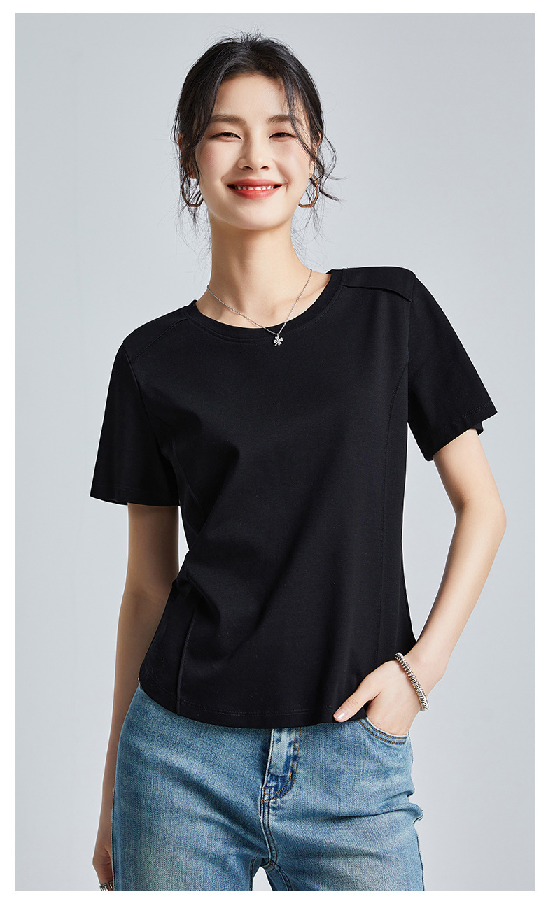 The same style of white short-sleeved off-the-shoulder T-shirt for women in the mall, 25 summer mercerized cotton round-neck base layer T-shirt, half-sleeved pic 34