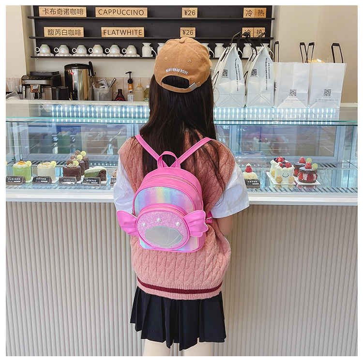 Rainbow gradient sequin backpack, pearl shell pattern, pink bow, outdoor hiking canvas schoolbag, lightweight and durable pic 30