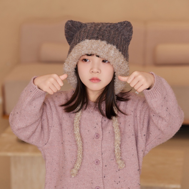 秋冬儿童护耳毛线帽时尚保暖猫耳朵女童可爱毛线帽针织帽韩版百搭详情2