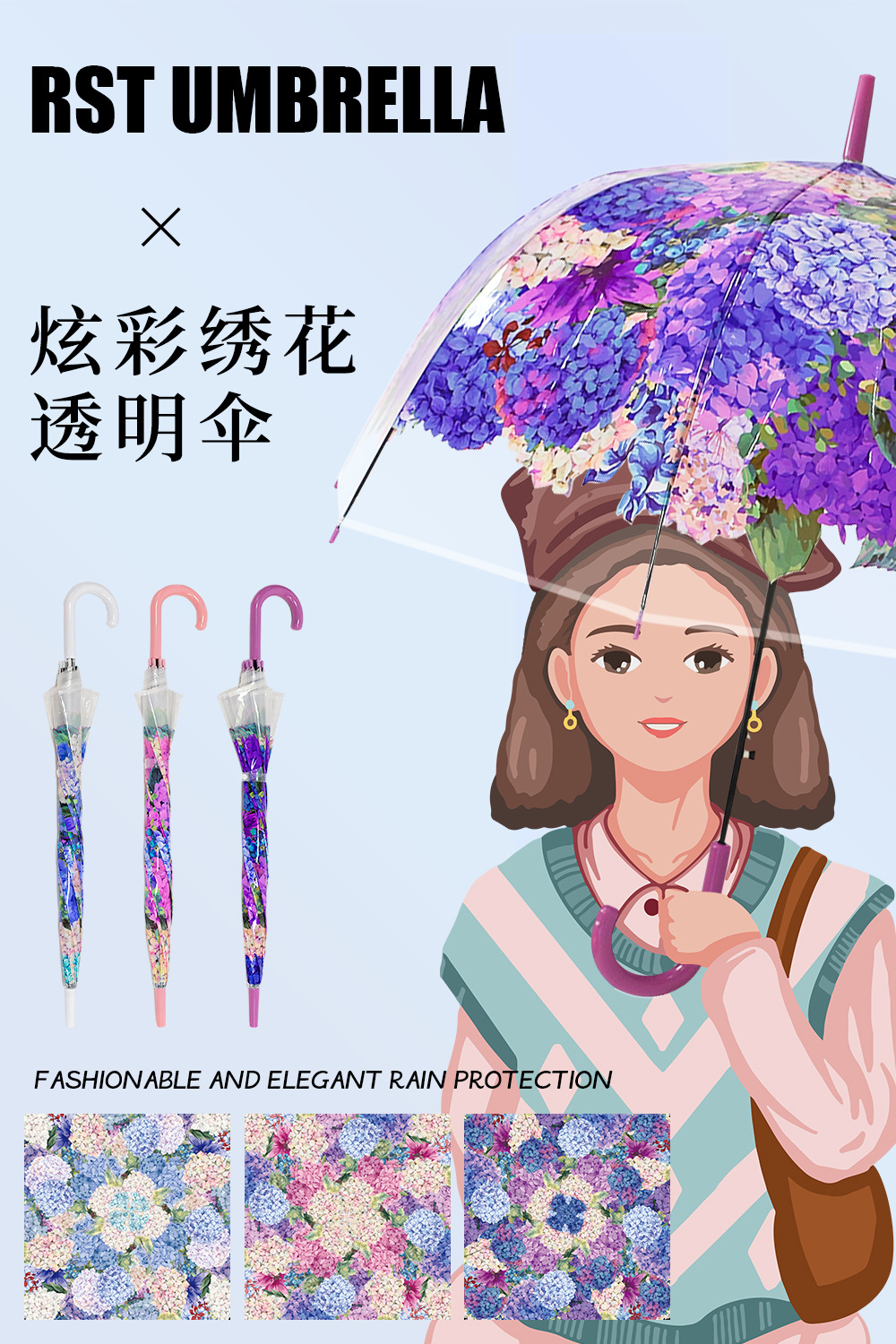 25年星宝新款成人透明伞绣球花彩色图案拱形雨伞数码印日韩清新详情4