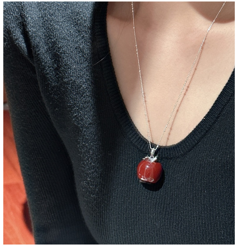 S925 sterling silver niche design Angolan red apple pendant necklace, simple and fashionable, safe and sound sweater chain pic 7