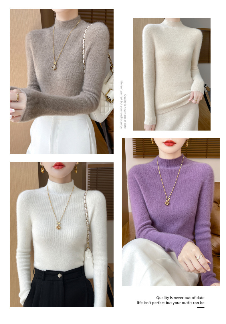高端纯羊毛毛衣女士半高领秋冬季内搭打底衫针织衫上衣修身显身材详情3