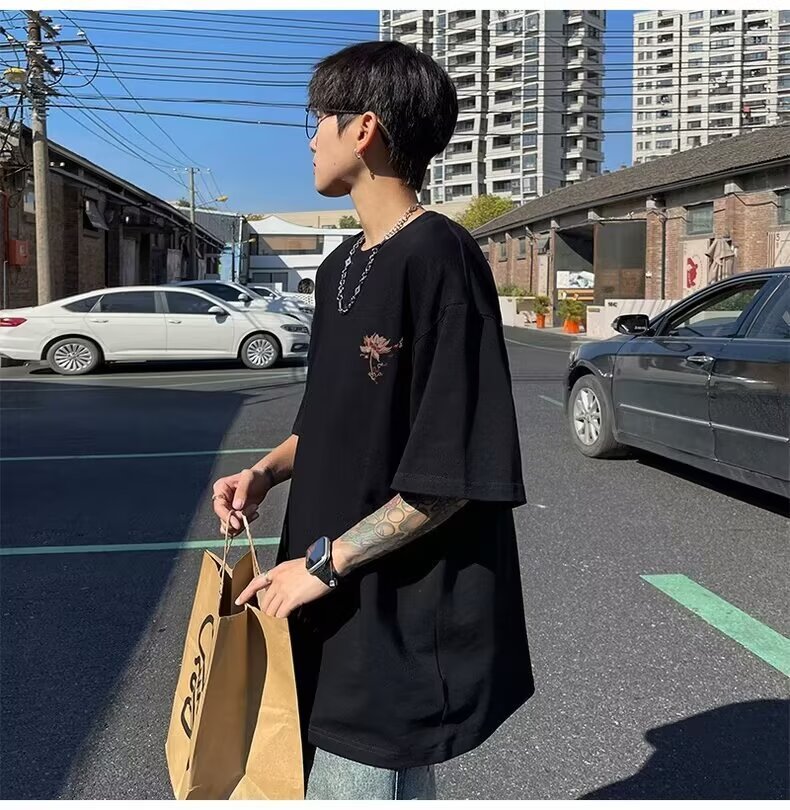 国潮中国风衣服白色纯棉短袖t恤男宽松大码凤凰潮牌重磅半袖夏季详情12