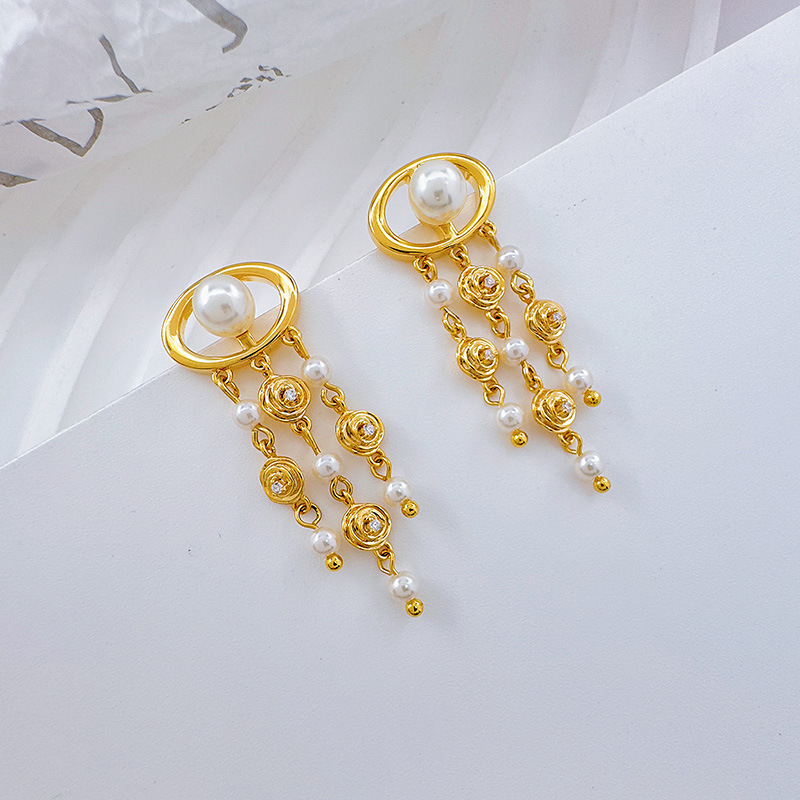 Nuevo estilo moda mujer pendientes calado rosa flor perlas pendientes premium sentido borlas magos luz accesorios de oído de lujo pic 13
