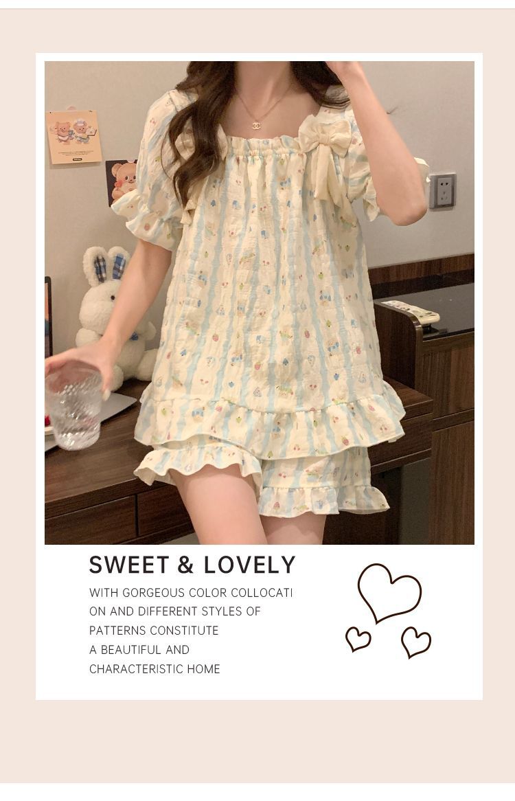Cloud cotton pajamas for women, summer with chest pads, short sleeves and shorts, Korean sweet princess-style home wear set, can be worn outside pic 9