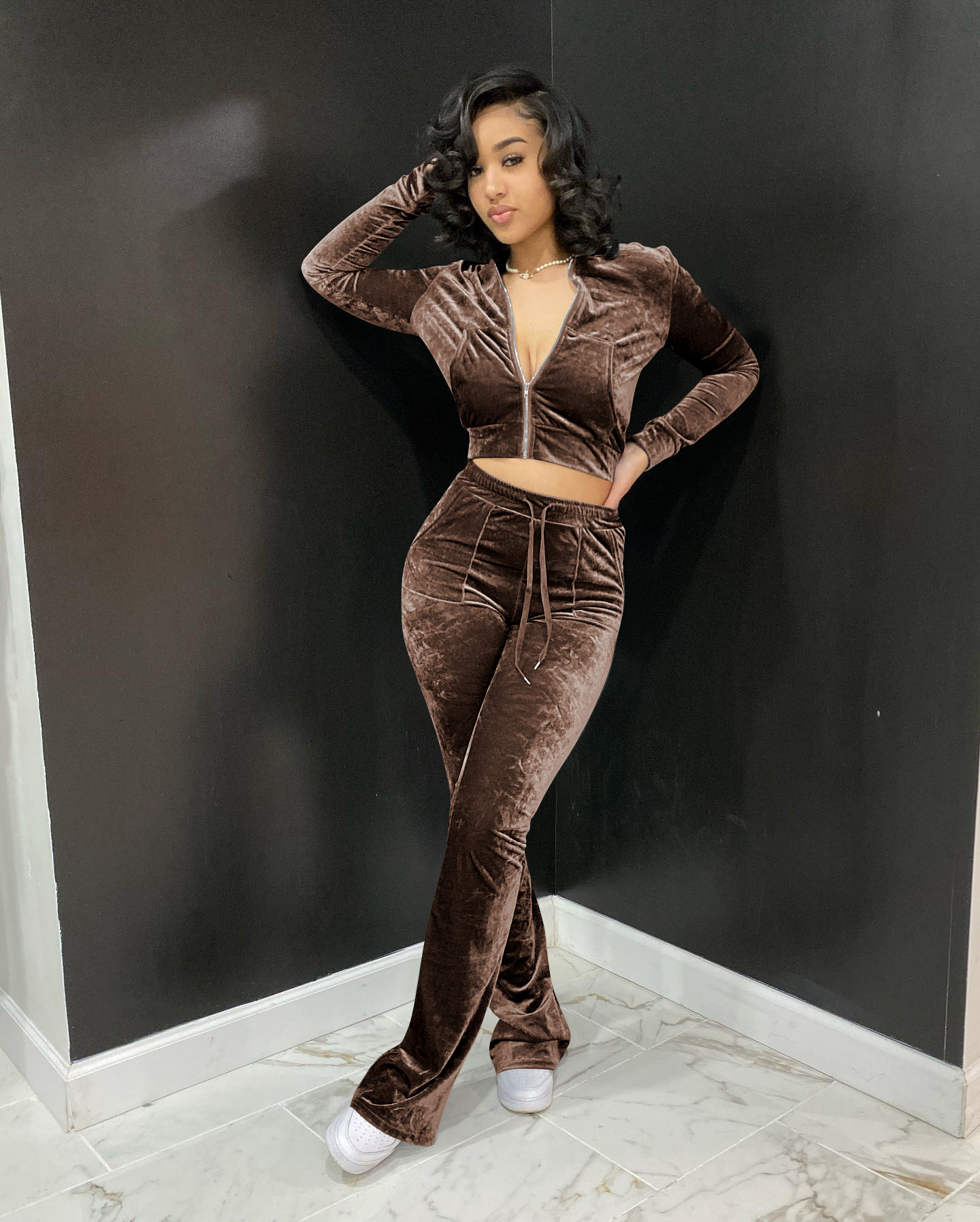 Solid color gold velvet wide-leg pants two-piece set pic 88