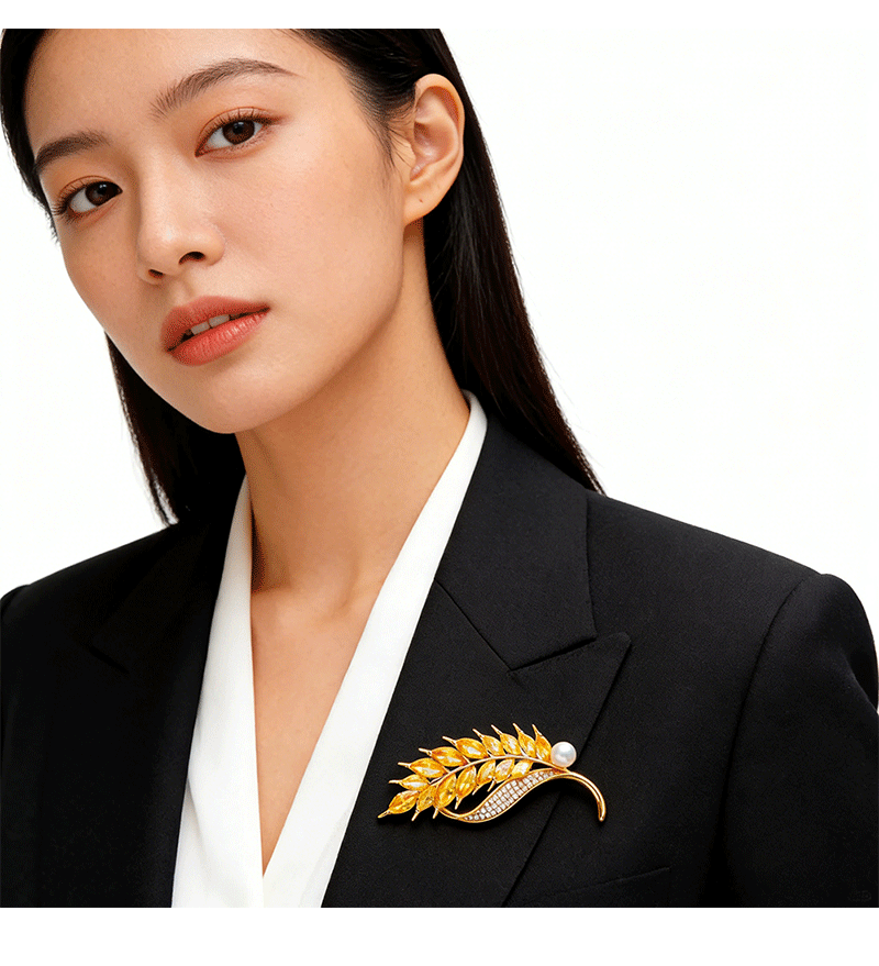 Hyacinth直播爆款 时尚轻奢宴会麦穗锆石胸针女 西装百搭个性走光珍珠配饰详情7