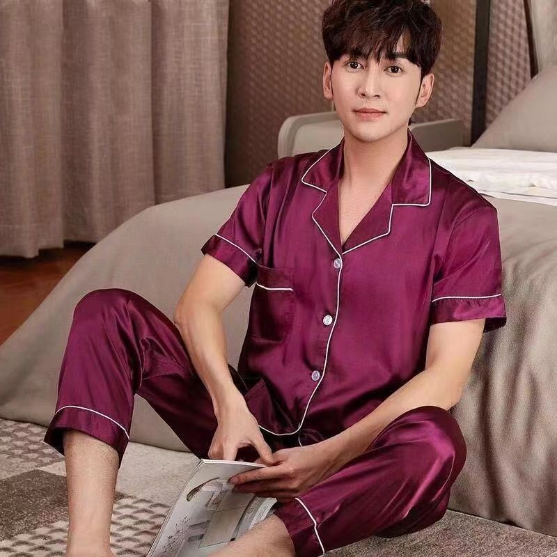 冰丝睡衣男夏季短袖长裤薄款纯色高级感仿真丝绸家居服直播两件套详情6