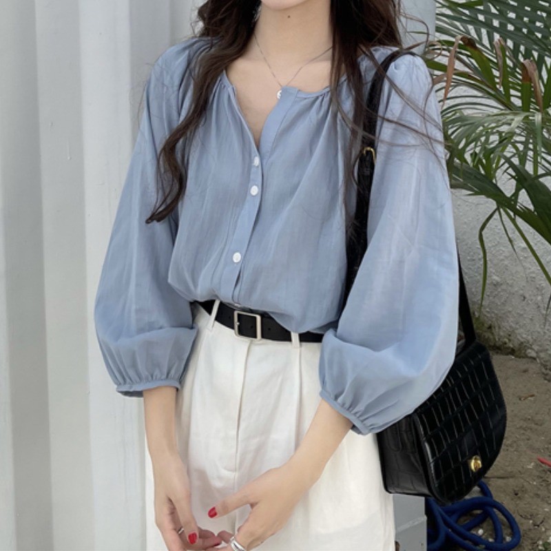春季慵懒风宽松法式复古薄款防晒长袖衬衫女雾霾蓝开衫上衣罩衫详情4