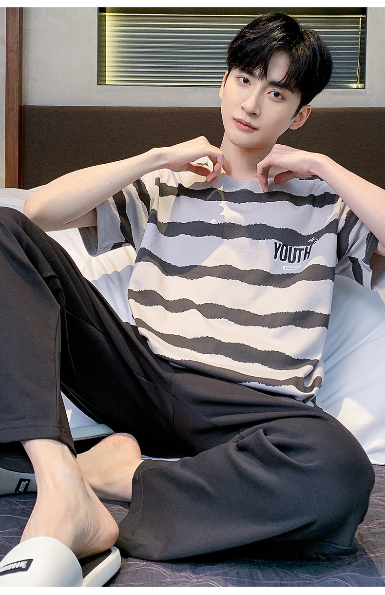 短袖长裤纯棉睡衣男士韩版宽松休闲简约夏天薄款中青年家居服套装详情9