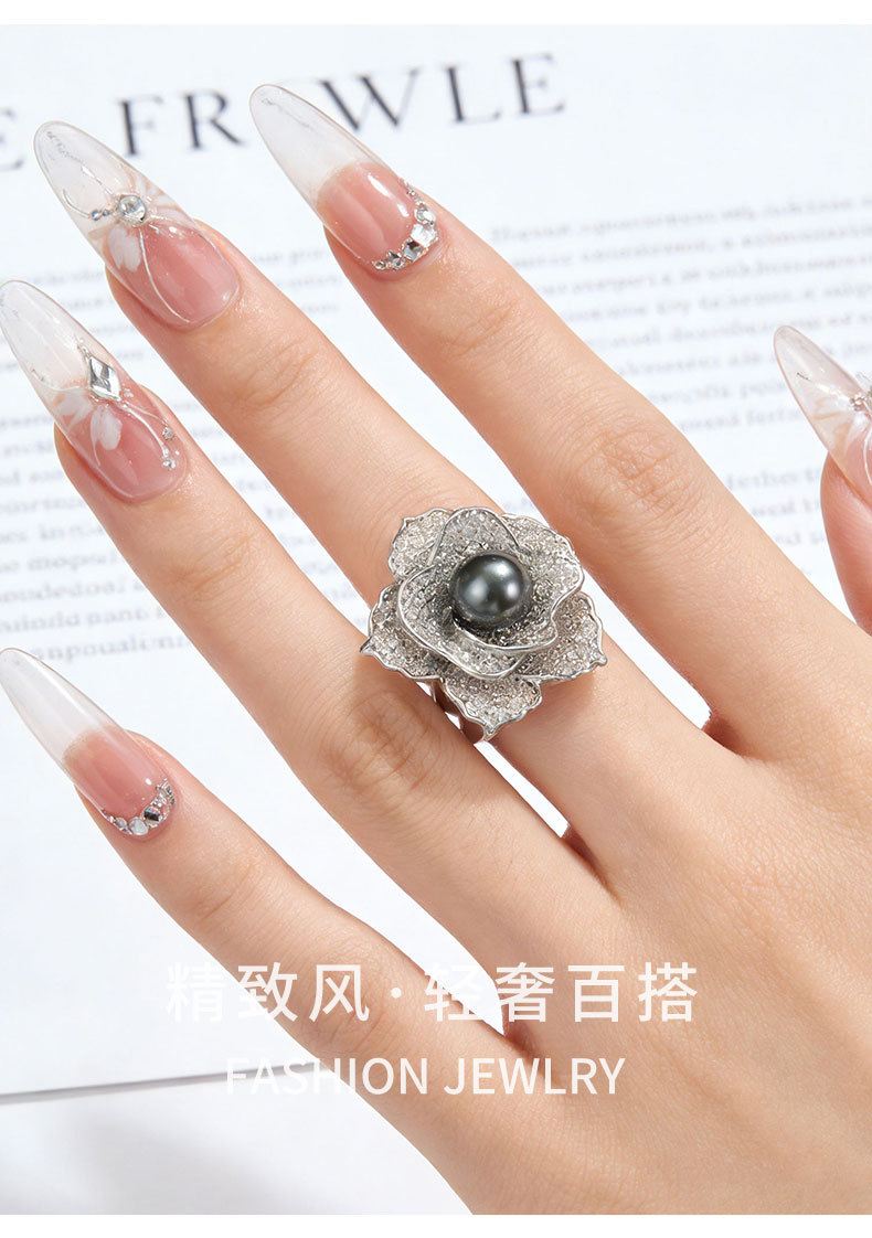 A light luxury and high-end grey pearl camellia open ring, a copper alloy slightly inlaid zircon adjustable index finger ring pic 11