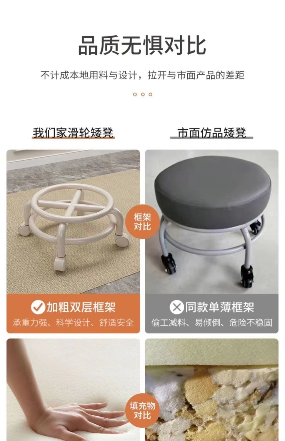 Universal wheel small stool, household pulley low stool, wheeled stool, small round stool, sofa stool, small chair, plastic backrest pic 6