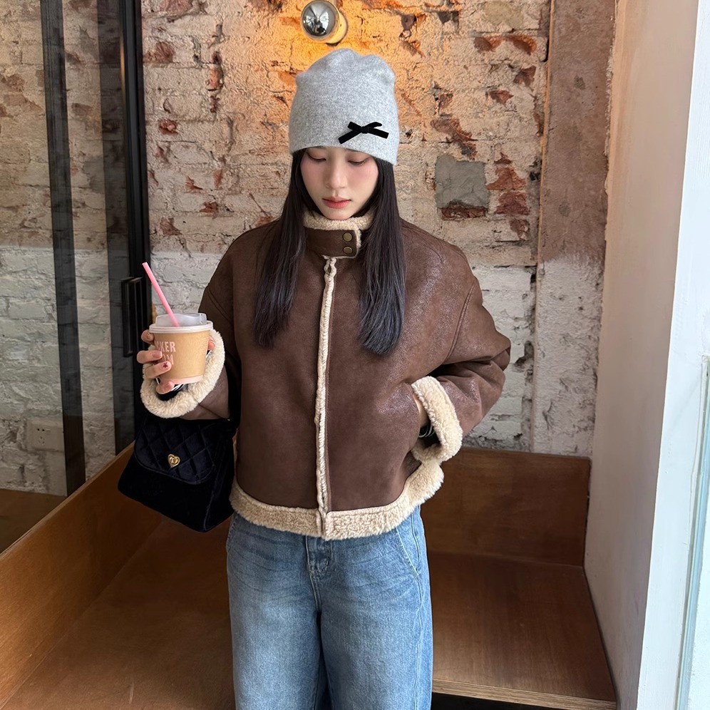 对白气质立领短款风衣外套女2024秋装新款抽绳高级感通勤皮衣夹克详情13