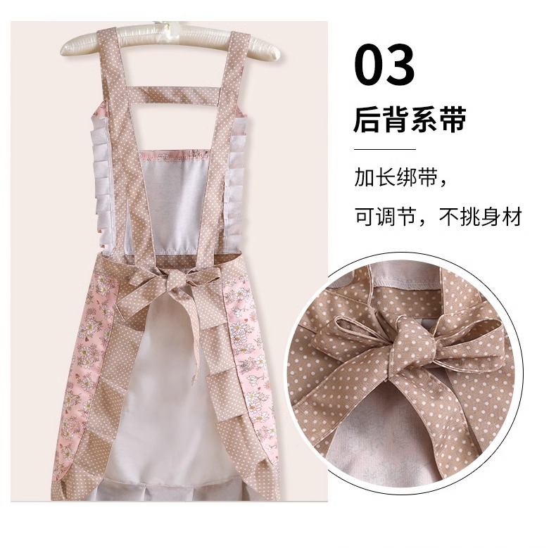 Princess apron for women, hand-drying, back buckle, household oil-resistant, sleeved fabric, special waist pocket for catering pic 5