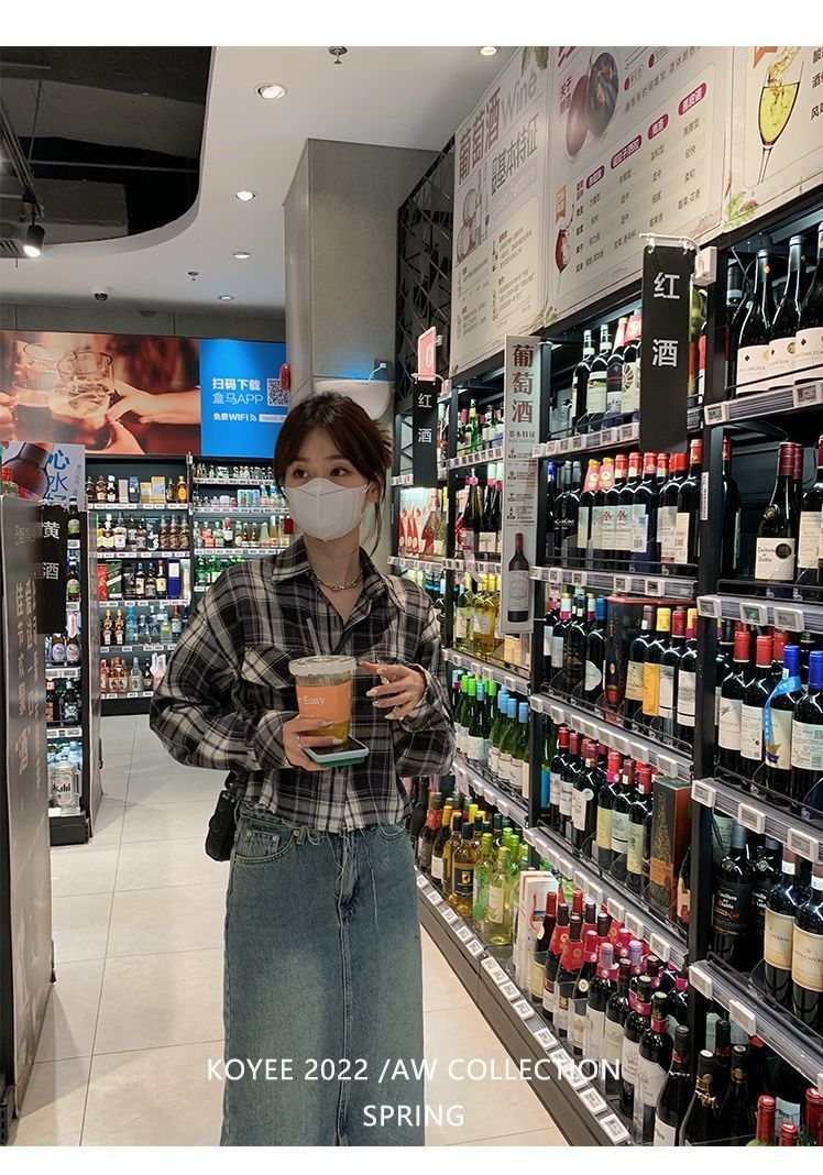 慵懒雅痞调调衬衫须须边短款格子衬衫女夏秋韩版宽松长袖衬衣女详情5
