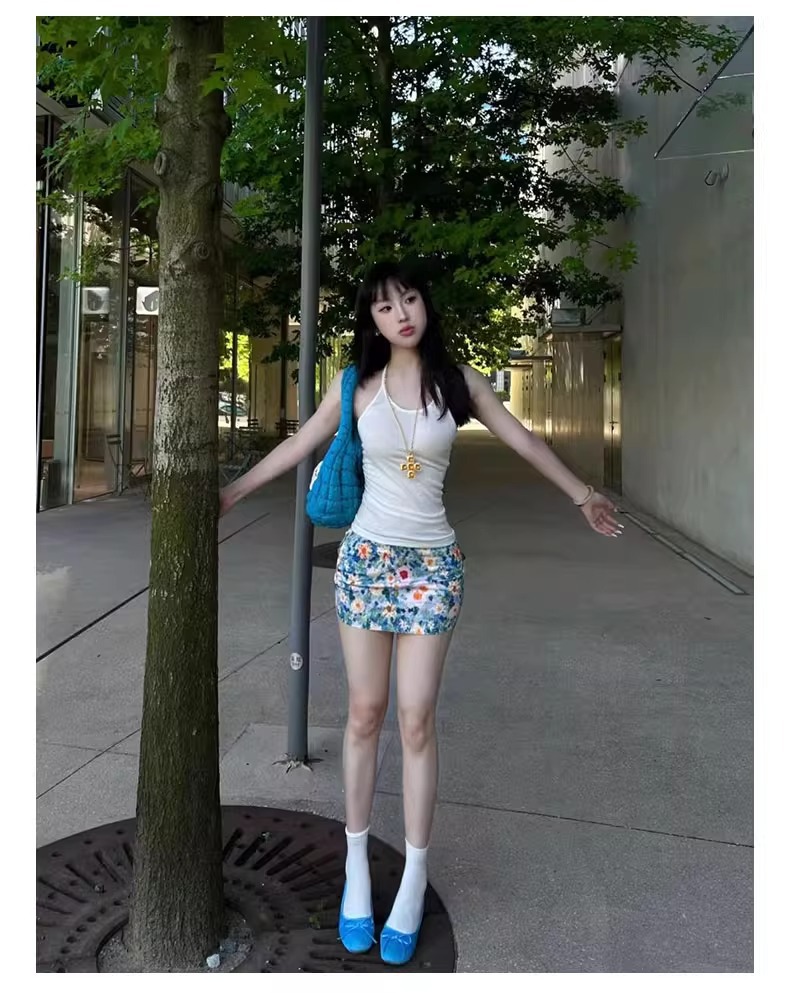 油画碎花包臀裙a字半身裙女夏2025新款小个子蓝色多巴胺绝美短裙详情16
