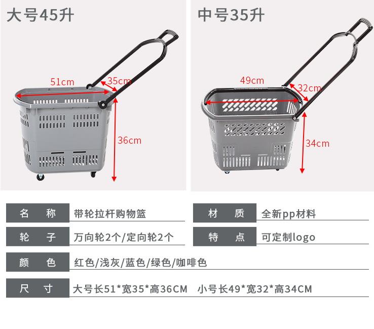 超市购物篮拉杆带轮购物筐零食便利店加厚大号塑料蓝托篮手提篮子详情7