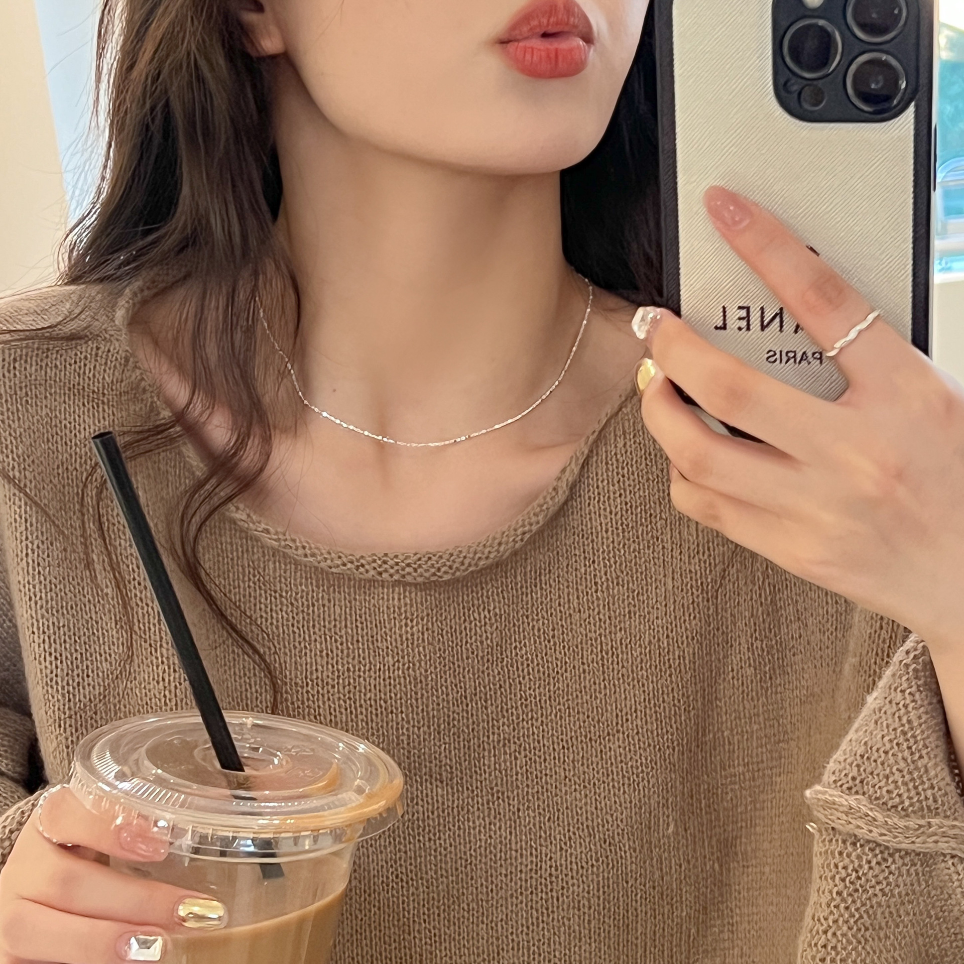 925纯银小方块项链女亮银色简约时尚小众设计百搭个性锁骨链N1044详情11